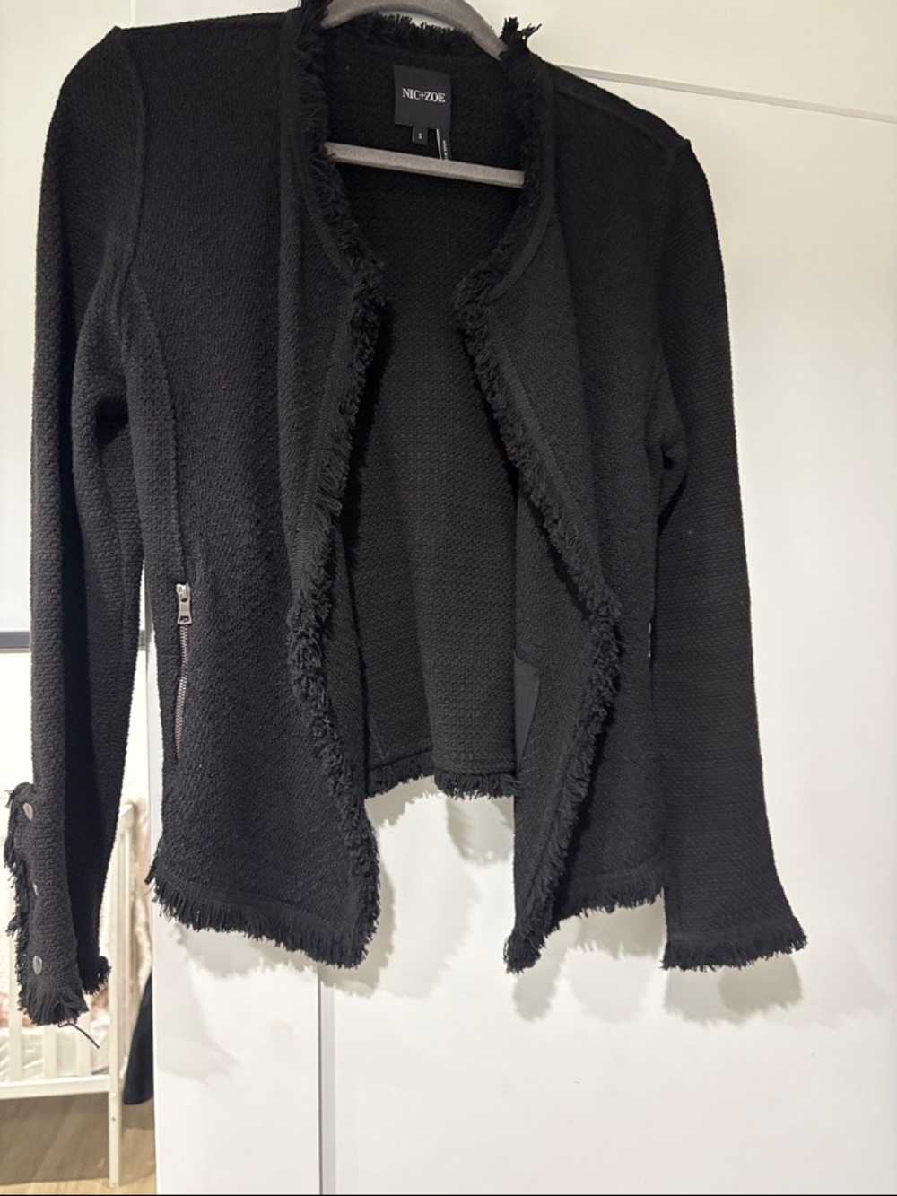 NIC+ZOE Black Fringe-Trim boucle weave Open Cardigan jacket. Small.